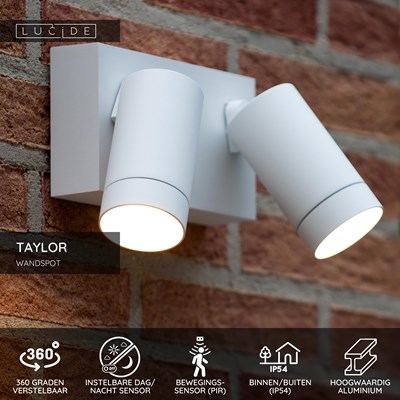 Lucide TAYLOR - Wandspot / Wandlamp Binnen/Buiten - 2xGU10 - IP54 - Bewegingssensor - Wit